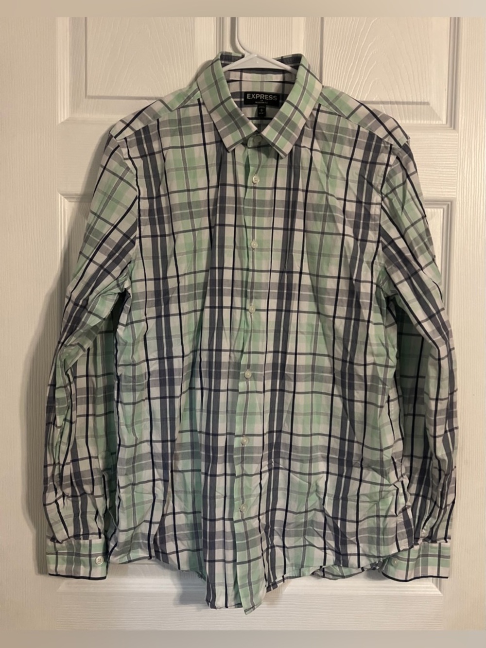 Express Modern Fit Men’s Plaid Button Up Long Sleeve Size Large Green & Blue